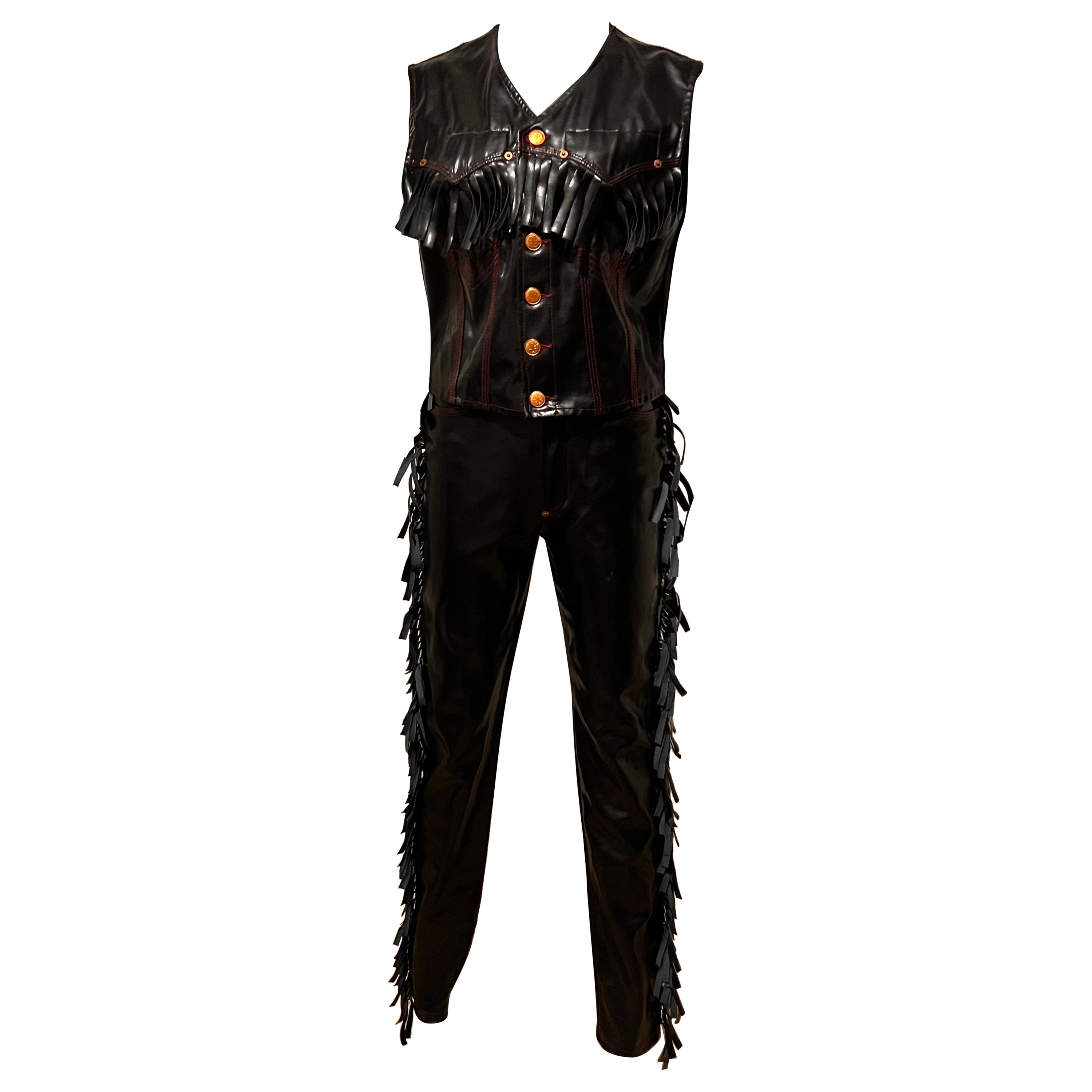 Jean Paul GAULTIER JEANS vinyl fringed ‘Cowboy Jeans & Vest’ ensemble For Sale