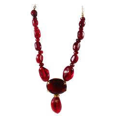 Chanel Glass Necklace - Red Gripoix Beads CC Logo Pendant Charm Gold 99P Chain