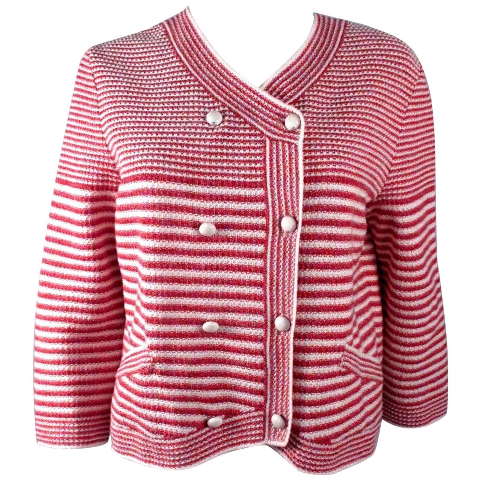 Chanel 2014 Pearl Jacket Cardigan - US 10 / 12 - 44 - Striped Red White Coat CC