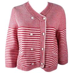 Used Chanel 2014 Pearl Jacket Cardigan - US 10 / 12 - 44 - Striped Red White Coat CC