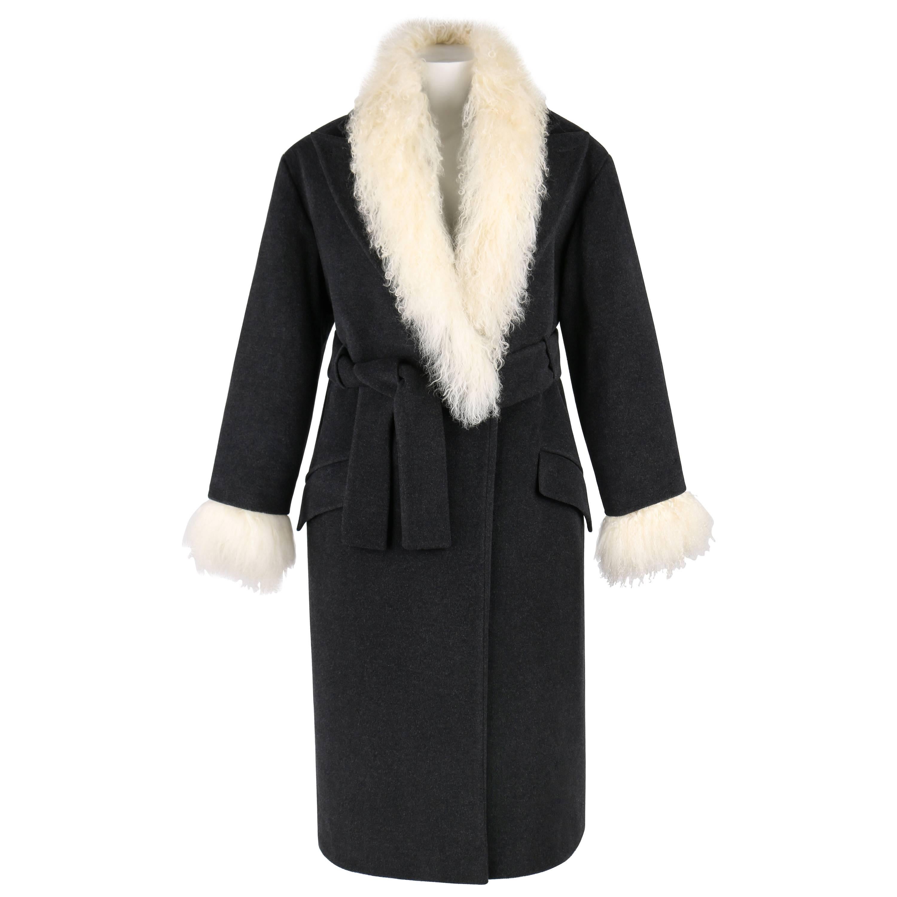 ALEXANDER McQUEEN c.2000 Shawl Collar Gray Wool Mongolian Lamb Fur Coat ...