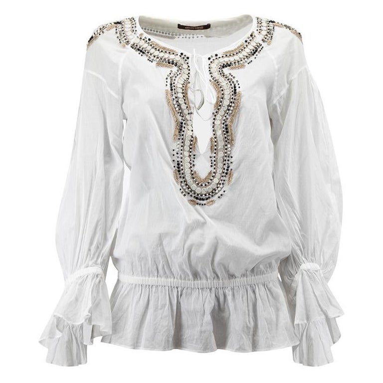 Roberto Cavalli Women's White Embellished Tie Neck Blouse For Sale