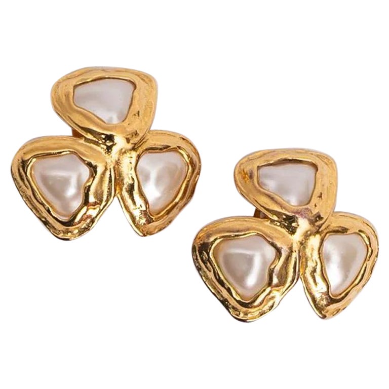 Chanel Baroque Gilded Metal Earrings Paved with Pearly Cabochons For Sale