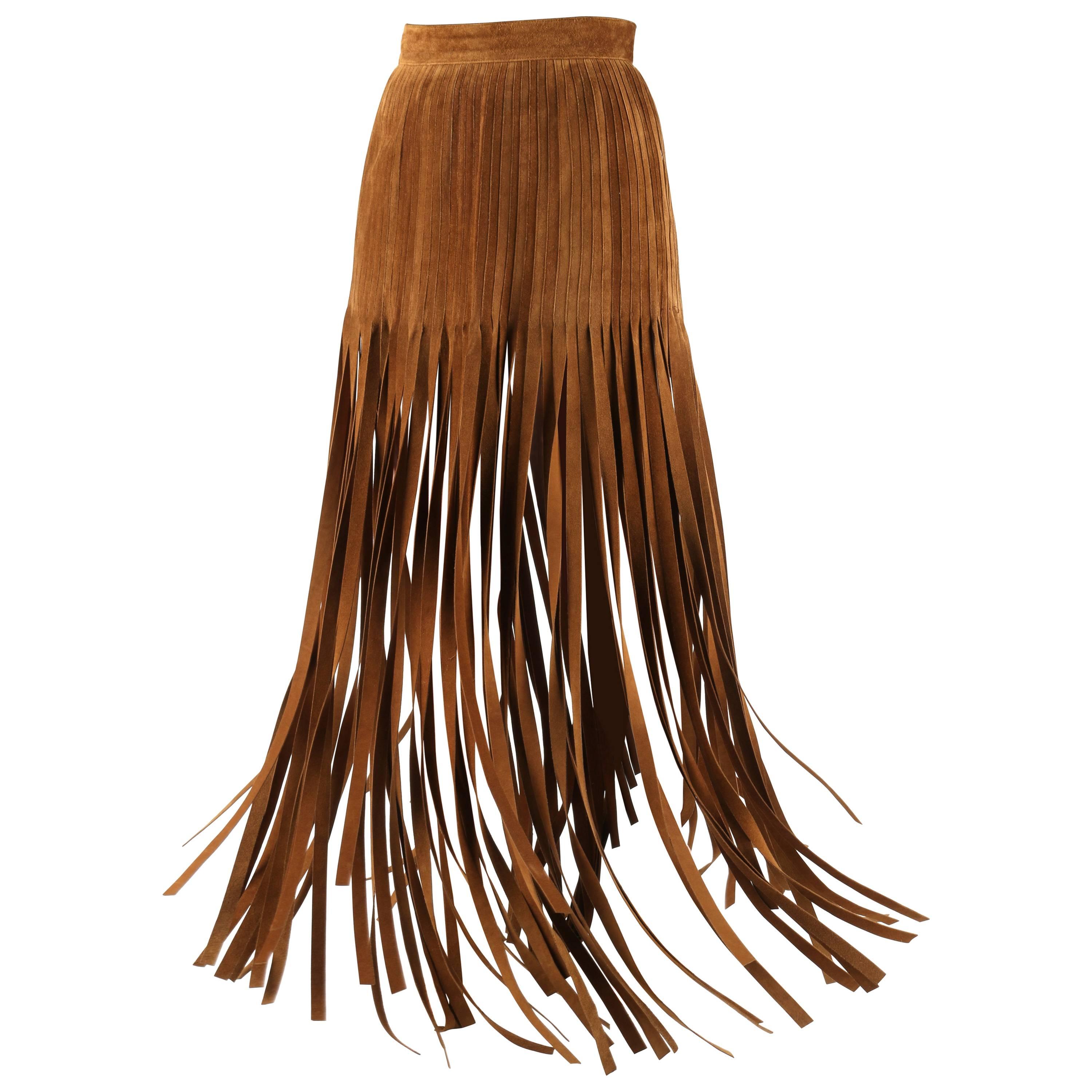 HERMES 1970s Brown Calf Skin Suede Leather Mini Long Maxi Fringe Skirt Size 38