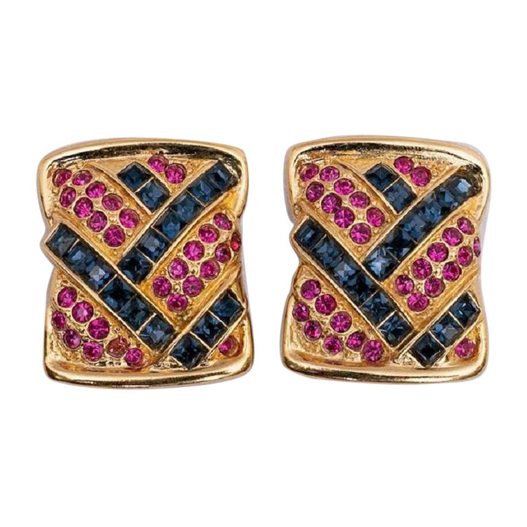 Yves Saint Laurent Gilted Metal Clip-on Earrings with Pink and Blue Rhinestones For Sale