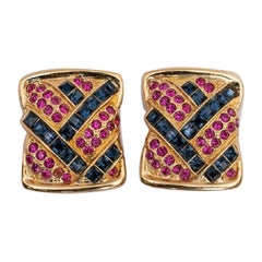 Yves Saint Laurent Gilted Metal Clip-on Earrings with Pink and Blue Rhinestones