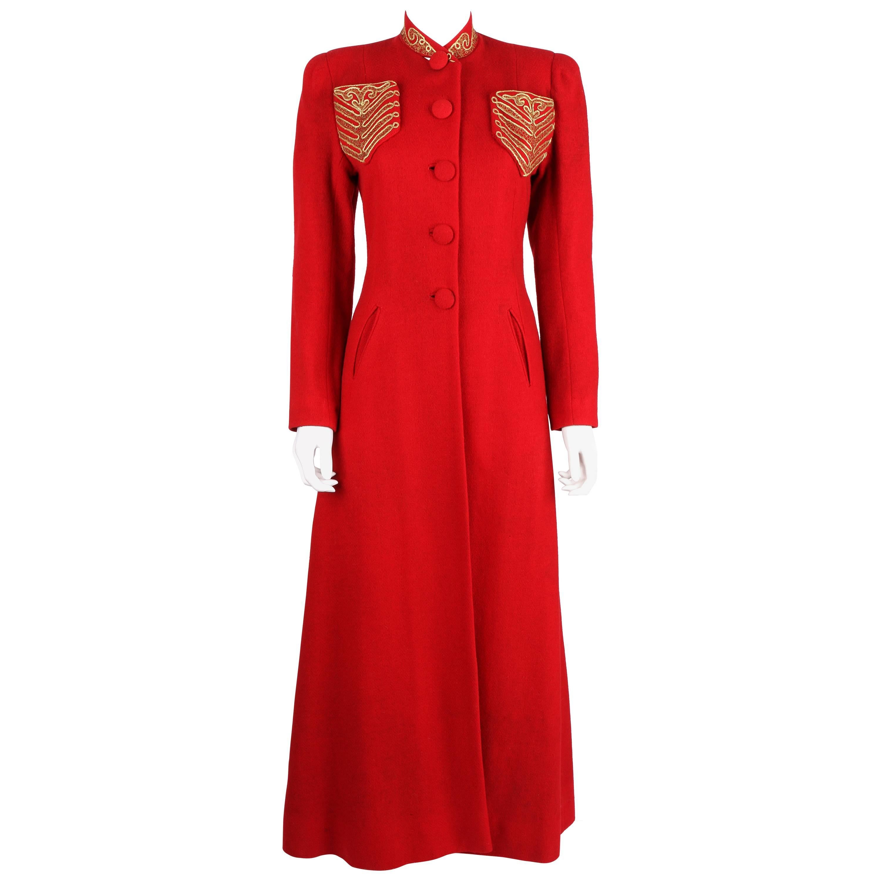 c1939 Schiaparelli Attributes Chas A Stevens Red Wool Princess Evening Coat XS S