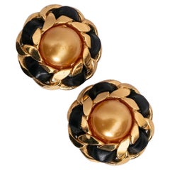 Vintage Chanel Clip-on Earrings in Gilted Metal, Cabochon & Leather, 1990s