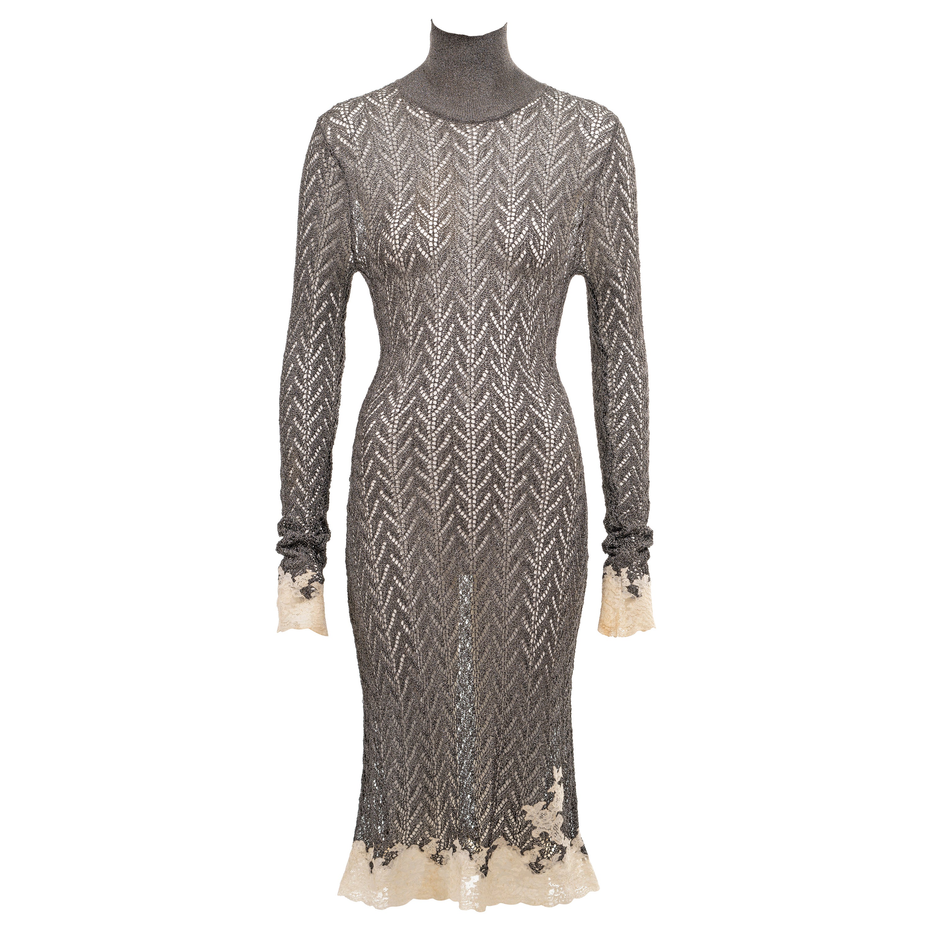 Christian Dior by John Galliano silver open-knit dress with lace trim, fw 1998 For Sale