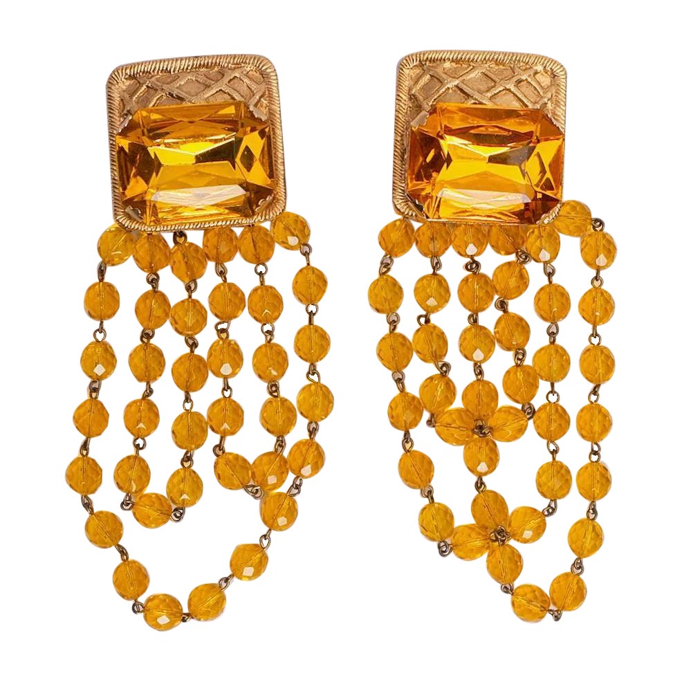 Rochas Golden Gilted Metal Clip-on Earrings with Rhinestones & Beads For Sale