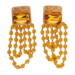 Rochas Golden Gilted Metal Clip-on Earrings with Rhinestones & Beads
