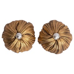 Retro Givenchy Gilted Metal Clip-on Earrings Centered with a Faux Pearl