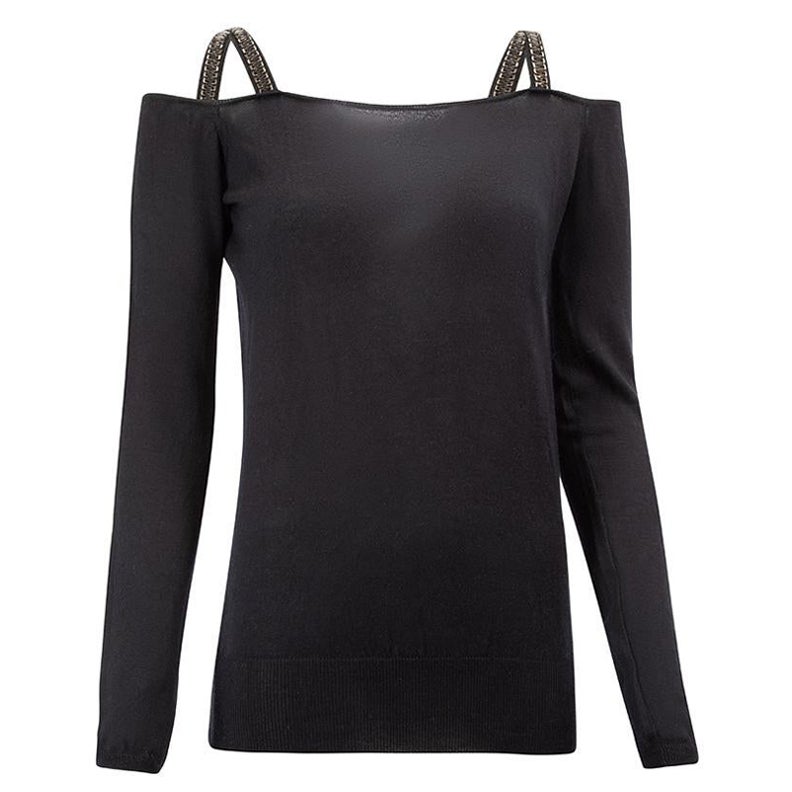 Prada Women's Black Embellished Cold Shoulder Knitted Top For Sale