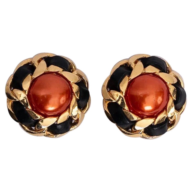 Chanel Gilted Metal Clip-on Earrings with Black Leather and Orange Cabochon For Sale