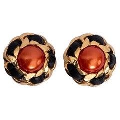 Chanel Gilted Metal Clip-on Earrings with Black Leather and Orange Cabochon