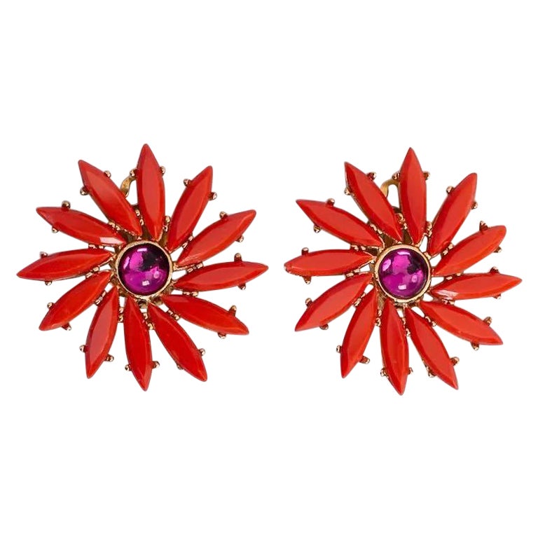 Yves Saint Laurent Gilted Metal and Orange Cabochons Clip-on Earrings For Sale