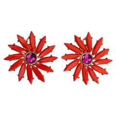Vintage Yves Saint Laurent Gilted Metal and Orange Cabochons Clip-on Earrings