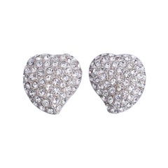 Yves Saint Laurent Heart-Shaped Earrings in Silver Plate with Rhinestones