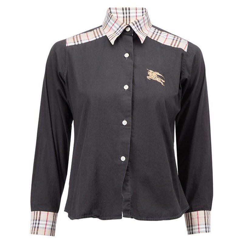 Burberry Women's Black Tartan Trimmed Button Up Shirt For Sale