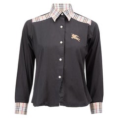 Vintage Burberry Women's Black Tartan Trimmed Button Up Shirt
