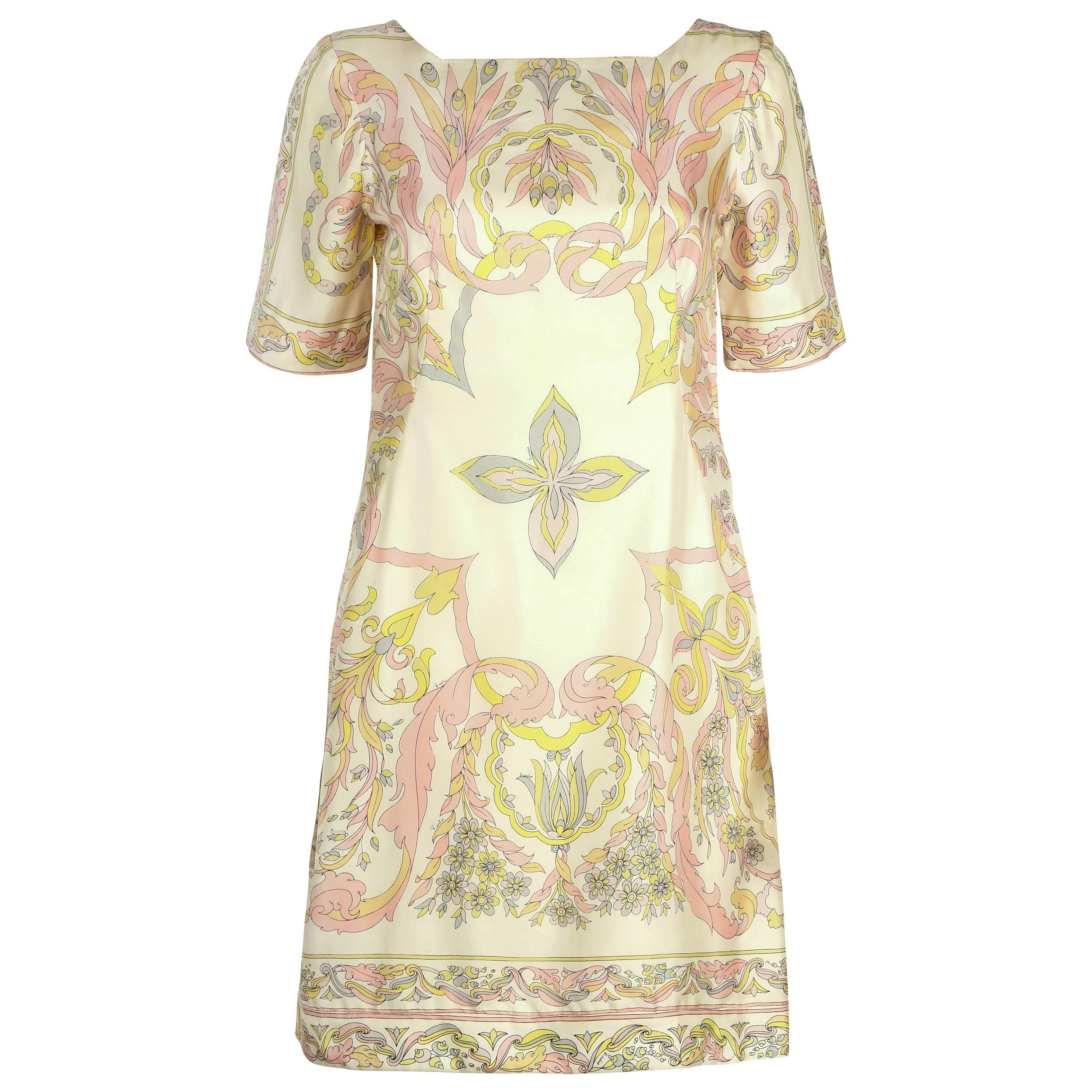 1960s EMILIO PUCCI Ivory Pastel Print Silk Short Sleeve Shift Dress 8 For Sale