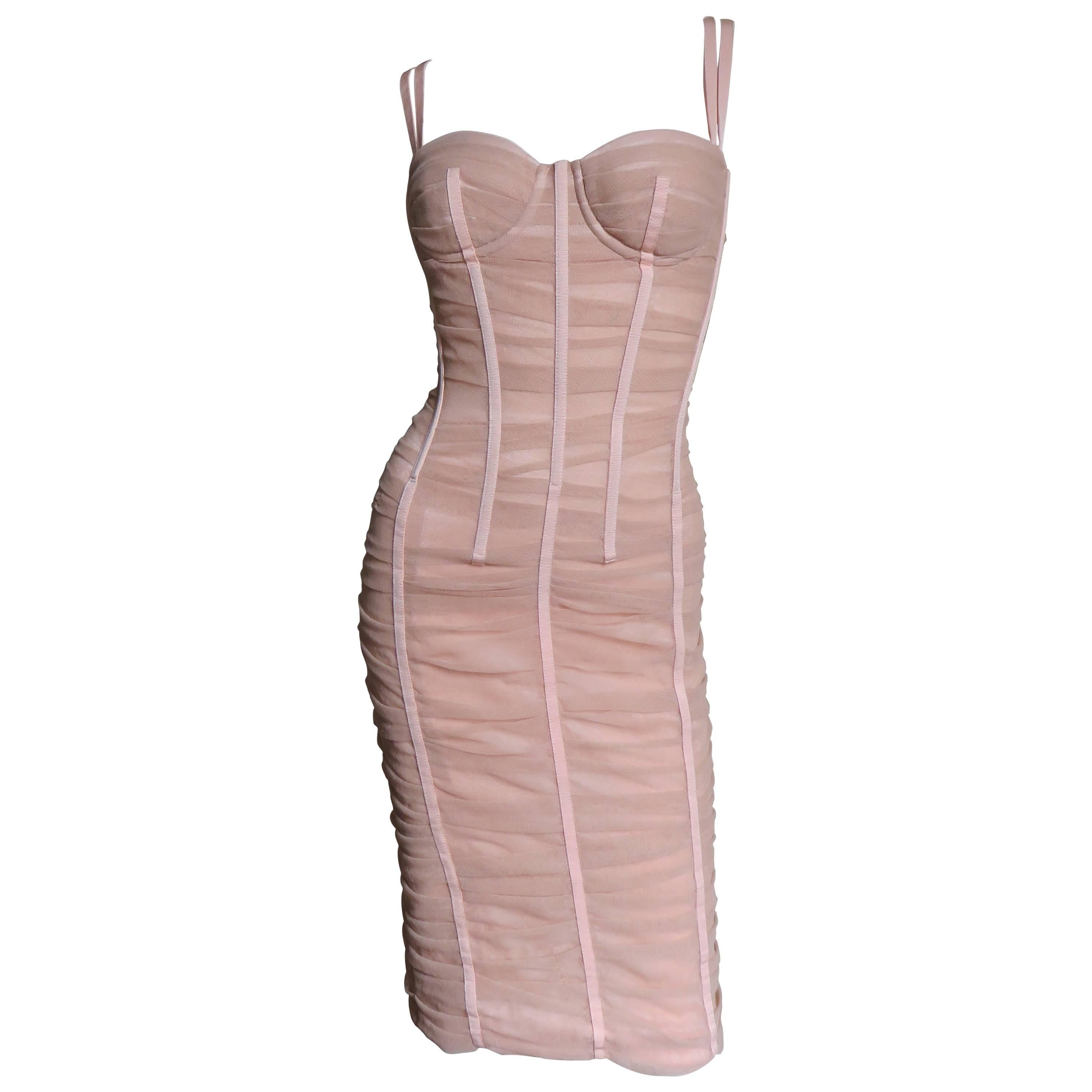 Dolce & Gabbana Nude Pink Silk Ruched Bodycon Corset Dress