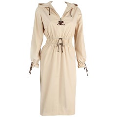 Vintage c. 1970's COURREGES HYPERBOLE Khaki Beige Drawstring Hooded Trench Coat Dress O