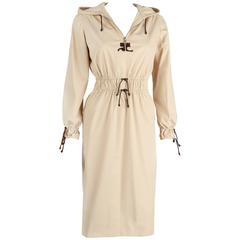 c. 1970's COURREGES HYPERBOLE Khaki Beige Drawstring Hooded Trench Coat Dress O 2