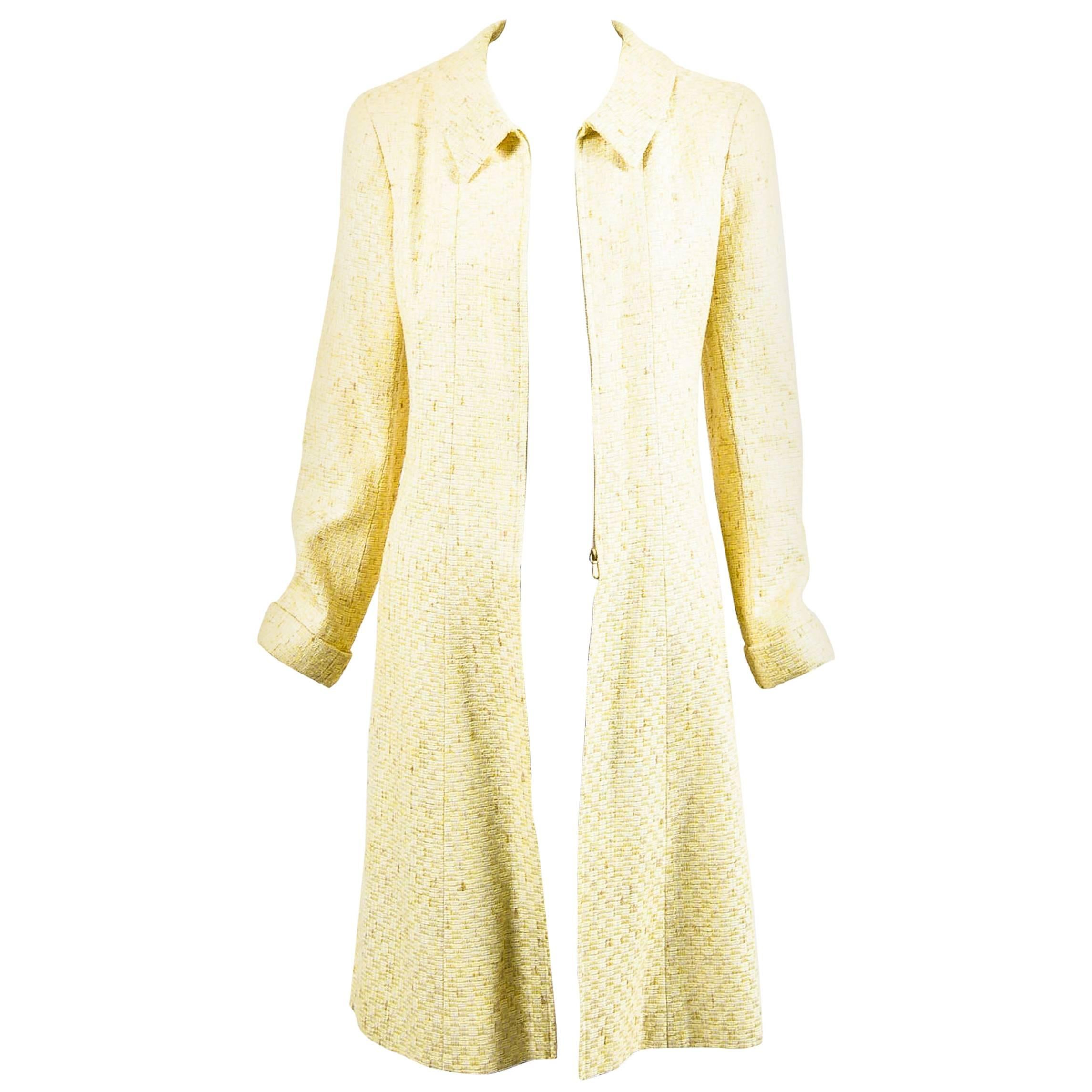 Vintage Chanel Yellow White Tweed Zipped Front Split Long Structured Coat SZ 40 For Sale