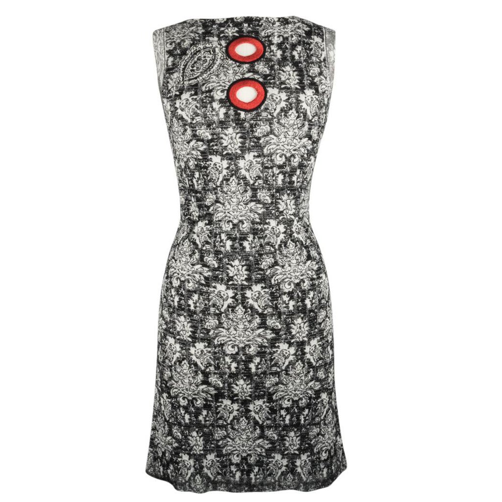Louis Vuitton Silver Metallic Detail Floral Red Metallic Keyholes Dress S For Sale