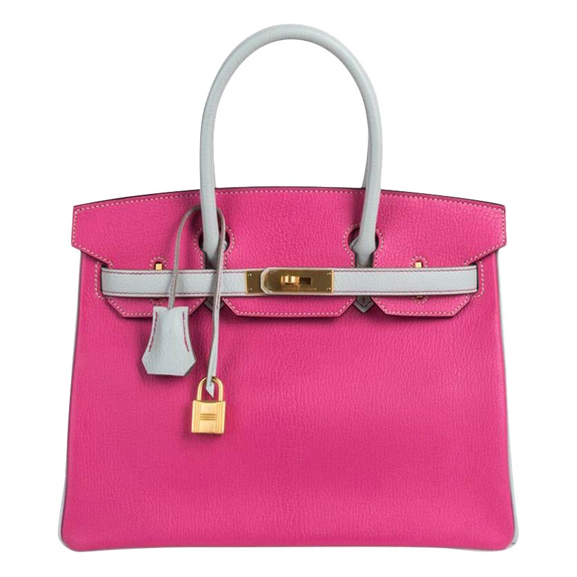 Hermes Birkin HSS 30 Rose Schockierend / Gris Perle Tasche gebürstet Gold Hardware Chevre