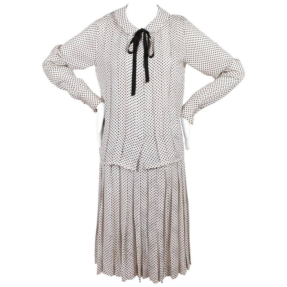 Chanel Cream Black Silk Jacquard Polka Dot Print Blouse Top Skirt Scarf Set SZ36
