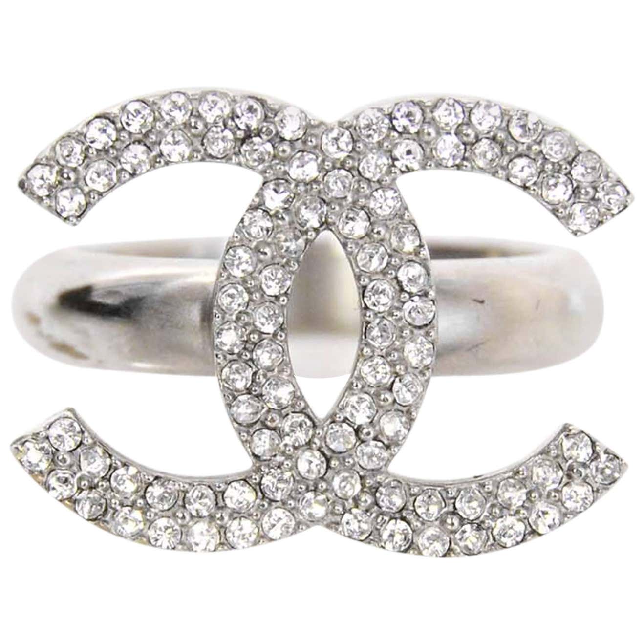 Chanel Rinestone Rings Chanel 2016 Silvertone CC Pave Crystal Ring Sz 6 For Sale at 1stDibs