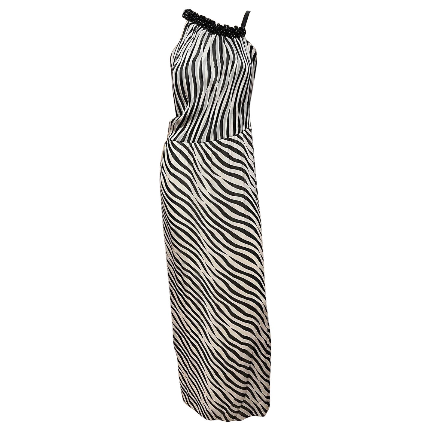 Y2k Stephen Burrows Zebra Stripe Silk Chiffon Gown with Beaded Asym Neckline  For Sale