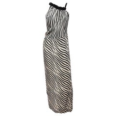 Y2k Stephen Burrows Zebra Stripe Silk Chiffon Gown with Beaded Asym Neckline 