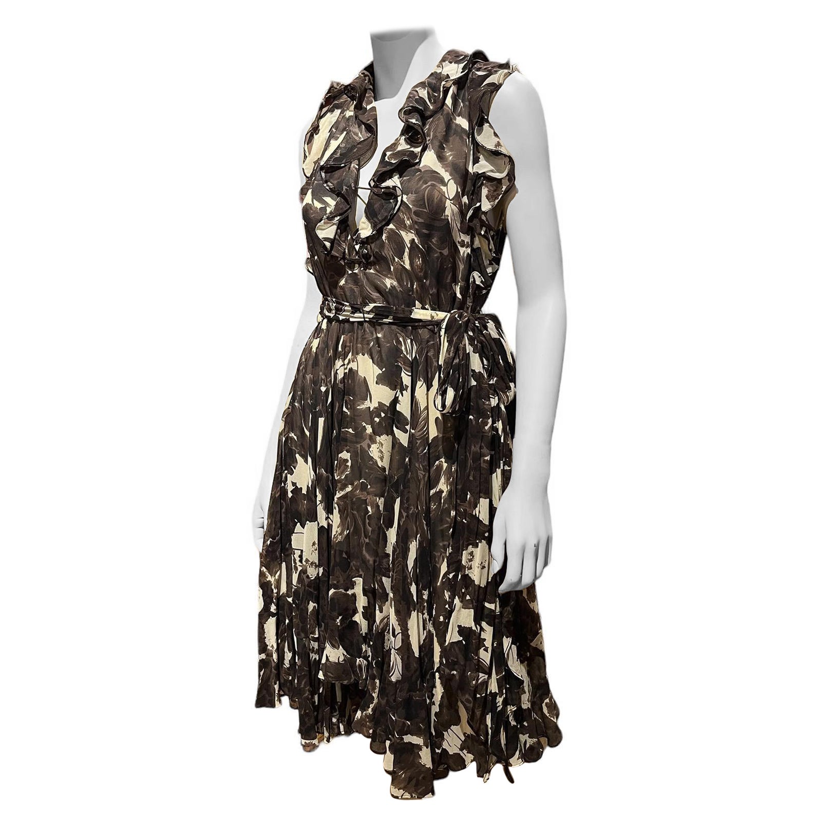 Y2K Stephen Burrows Brown and Cream Silk Chiffon Abstract Floral Ruffle Dress  For Sale