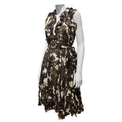 Y2K Stephen Burrows Brown and Cream Silk Chiffon Abstract Floral Ruffle Dress 