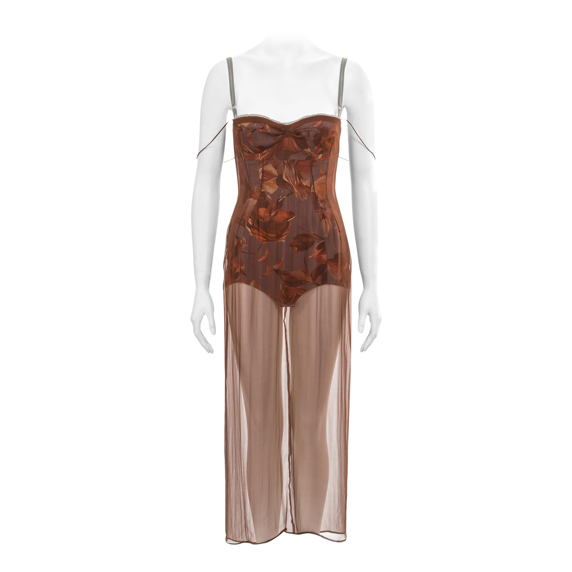 Dolce & Gabbana brown silk chiffon evening dress with built-in bodysuit, ss 1997