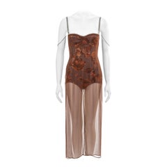 Retro Dolce & Gabbana brown silk chiffon evening dress with built-in bodysuit, ss 1997