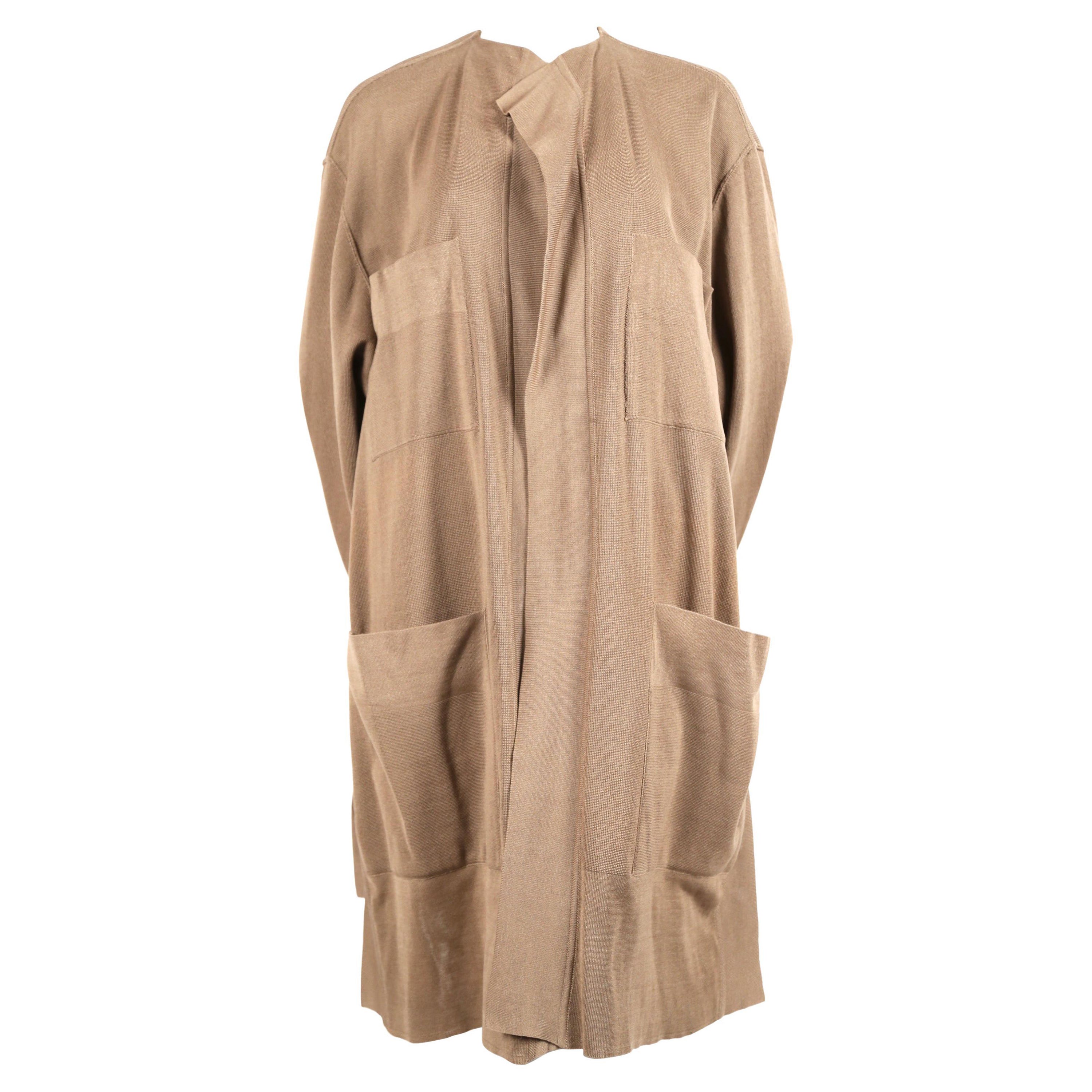 1985 AZZEDINE ALAIA oversized tan cardigan sweater coat with pockets For Sale