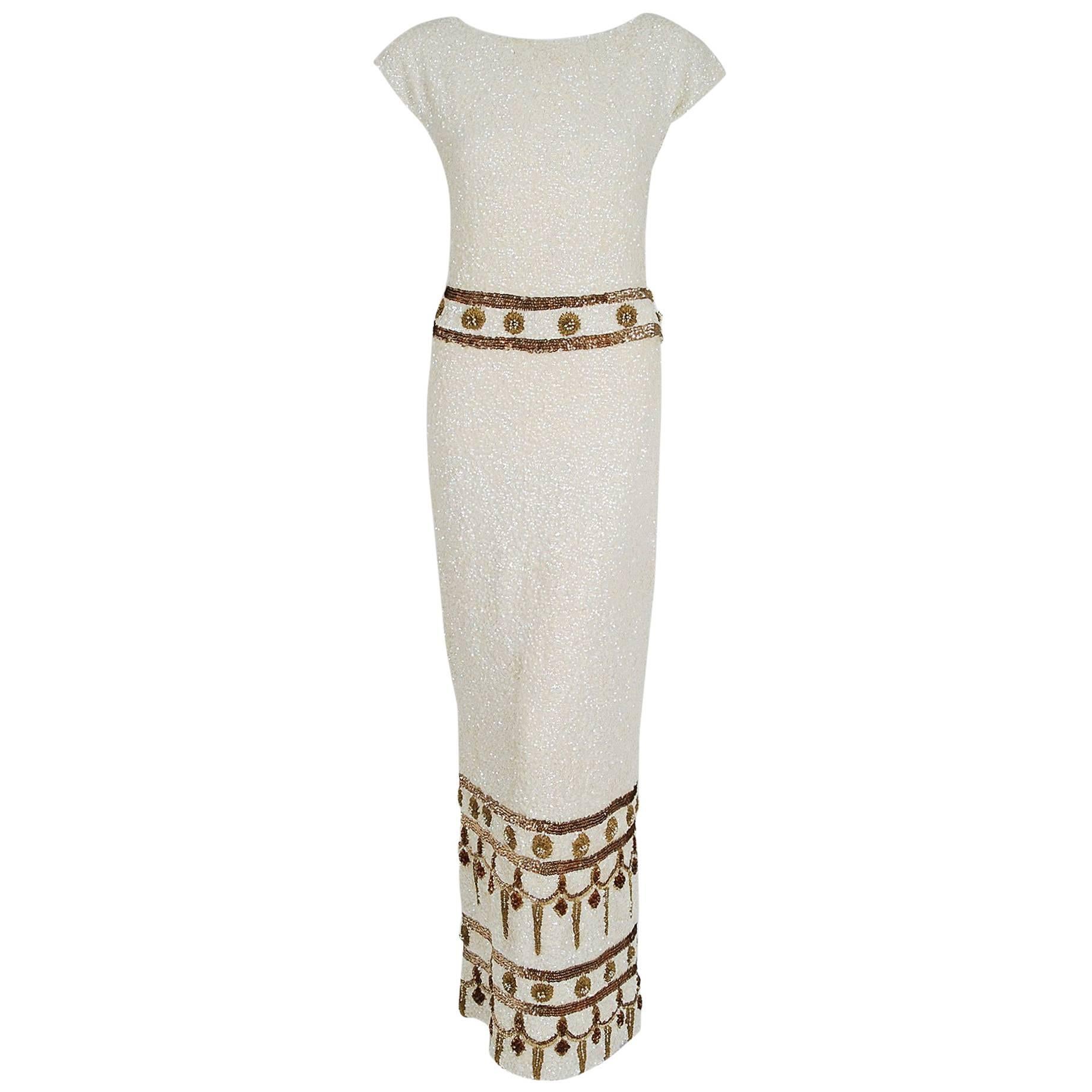 1950's Gene Shelly Ivory & Gold Beaded Sequin Wool-Knit Hourglass Evening Gown 