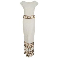 Retro 1950's Gene Shelly Ivory & Gold Beaded Sequin Wool-Knit Hourglass Evening Gown 