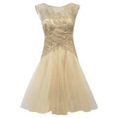 Mini abito in pizzo impreziosito in tulle oro Marchesa Notte Donna