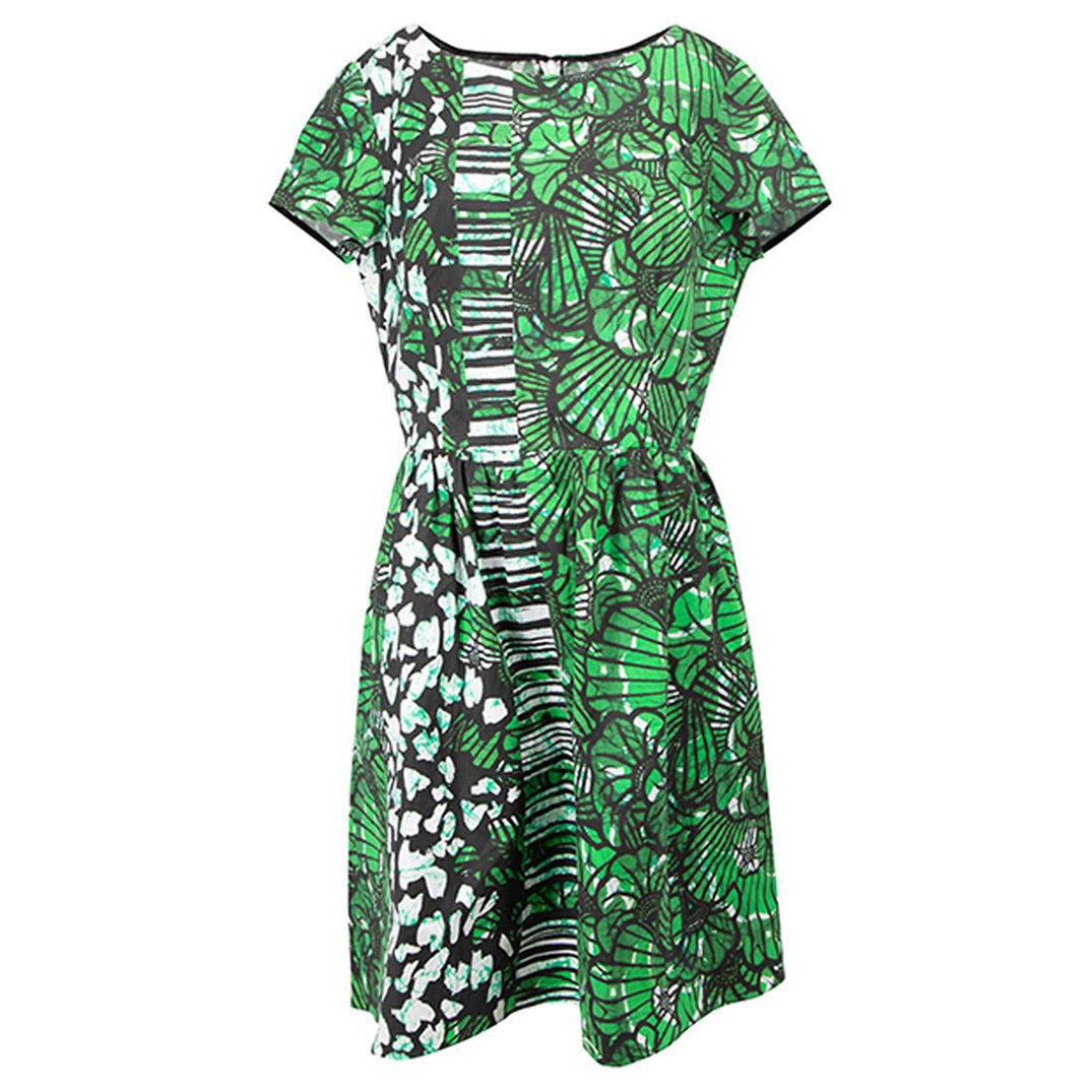 Oscar de la Renta Women's Green Abstract Printed Short Sleeve Mini Dress For Sale