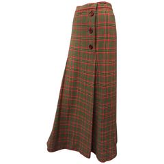 1970s Gucci Red and Green Holiday Plaid Side-Button Maxi Skirt