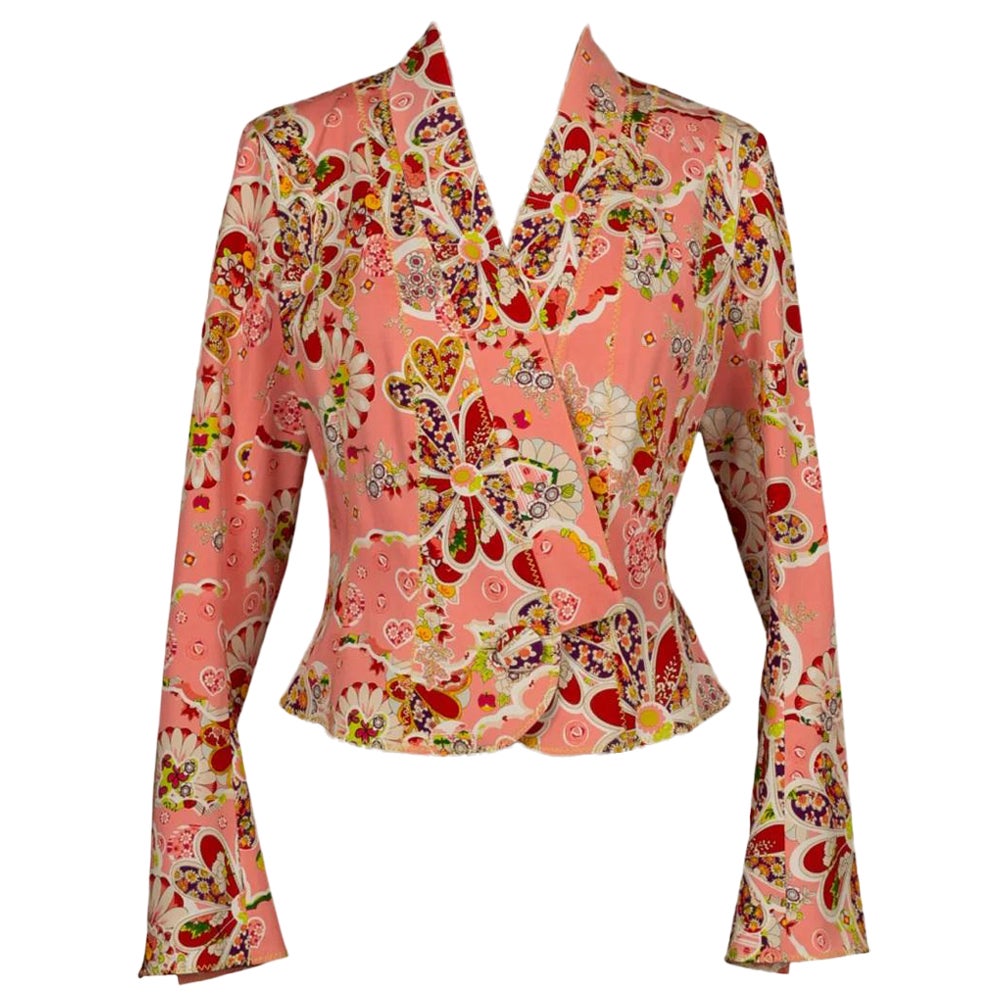 Galliano Pink Cotton Jacket Printed with Flowers For Sale