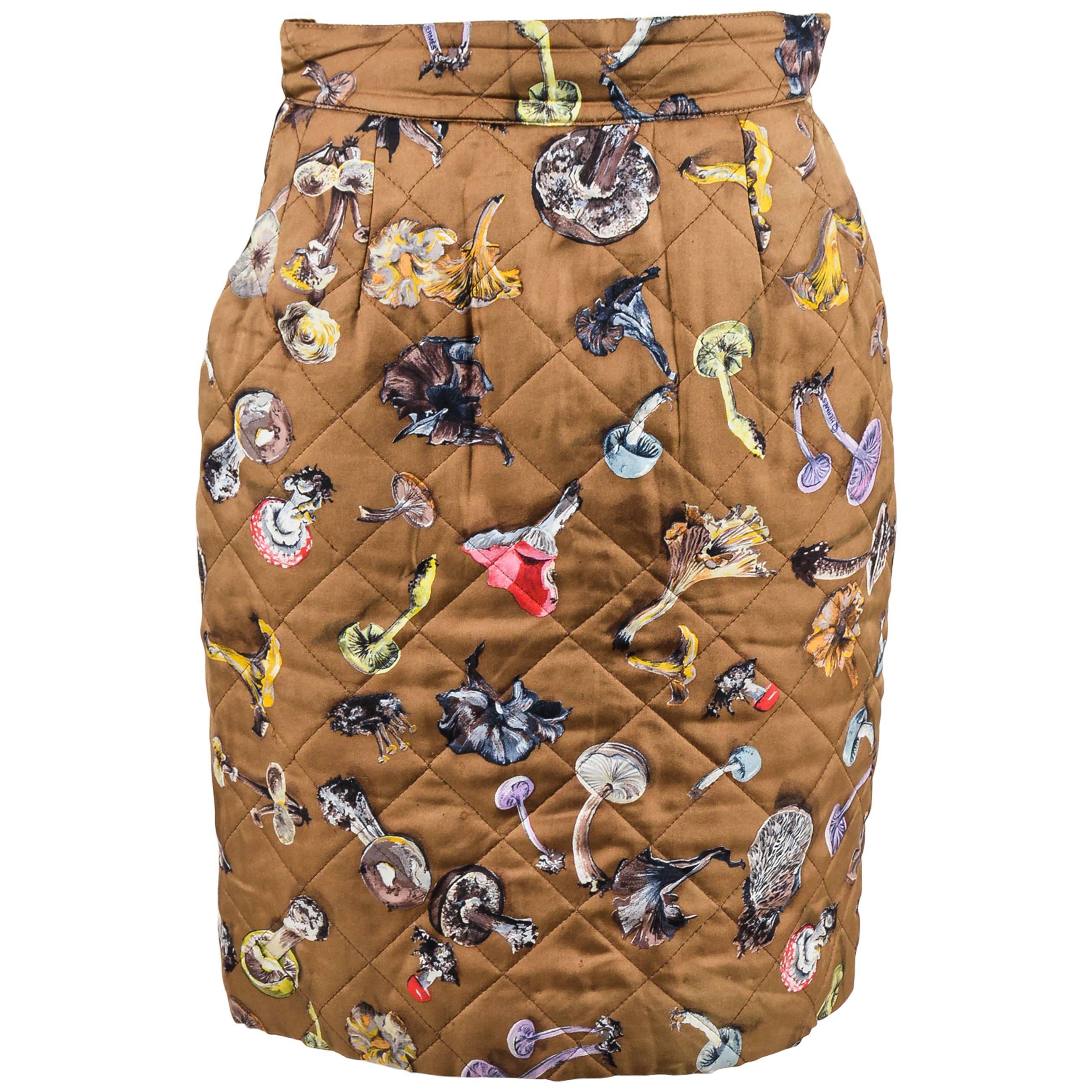 Hermes Brown Multicolor Silk Twill Quilted Mushroom Print A Line Skirt Size 38 For Sale