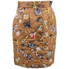 Hermes Brown Multicolor Silk Twill Quilted Mushroom Print A Line Skirt Size 38