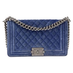 Chanel Women's Blue Velvet Medium Gun Metal Hardware Boy Bag