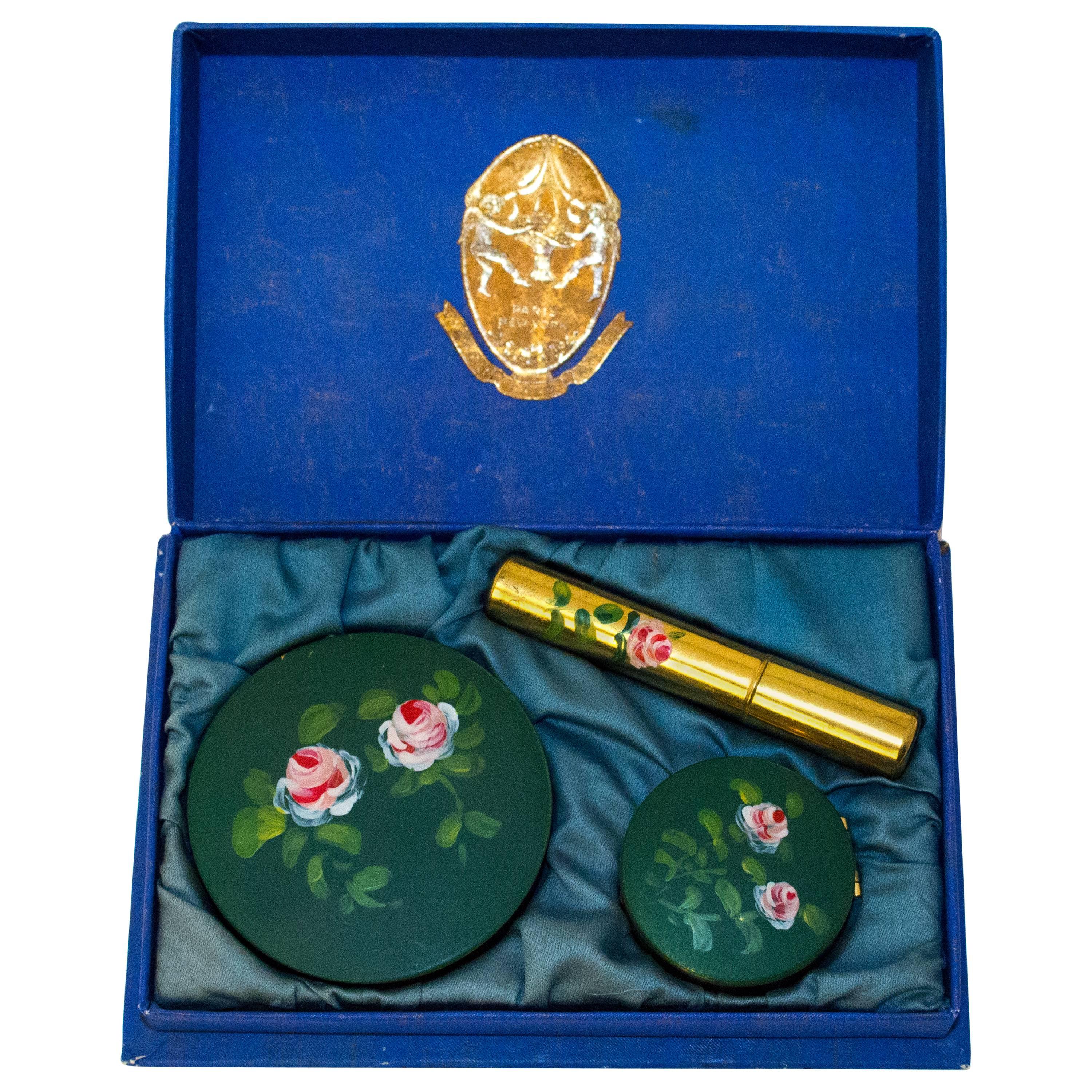 40s Hand Painted Rouge, Powder & Perfume Set   For Sale